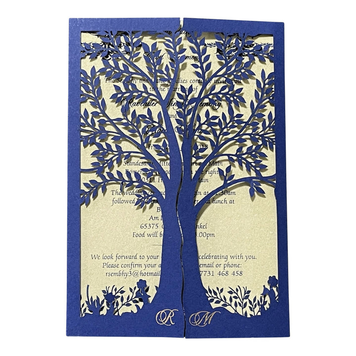 Gatefold Tree Design Laser Cut Golden and Blue Custom Invitation Card with Cascading Inserts AML-194  Raniti LLC - Custom Invitations & Stationery