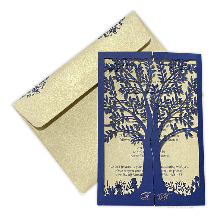 Gatefold Tree Design Laser Cut Golden and Blue Custom Invitation Card with Cascading Inserts AML-194  Raniti LLC - Custom Invitations & Stationery