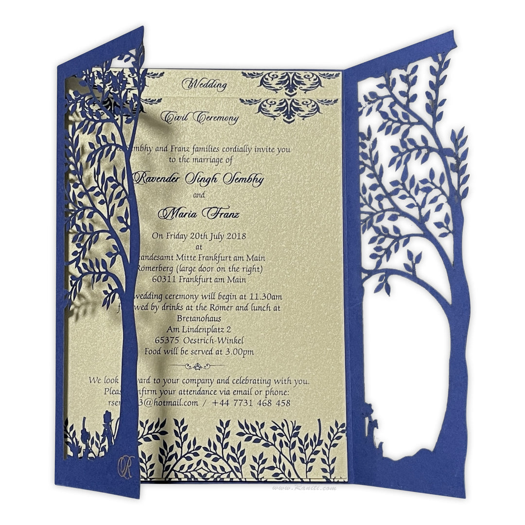 Gatefold Tree Design Laser Cut Golden and Blue Custom Invitation Card with Cascading Inserts AML-194  Raniti LLC - Custom Invitations & Stationery