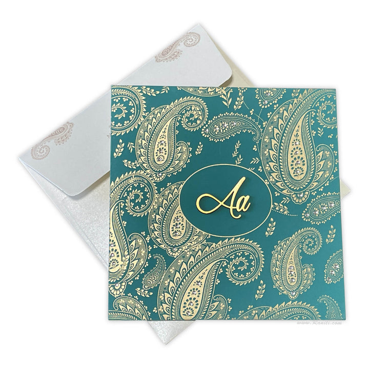 Teal Paisley Theme Lasercut Initials Square Custom Wedding Invitation Card | Custom Invitation Card with Laser Cut Monogram Initials AML-24  Raniti LLC - Custom Invitations & Stationery