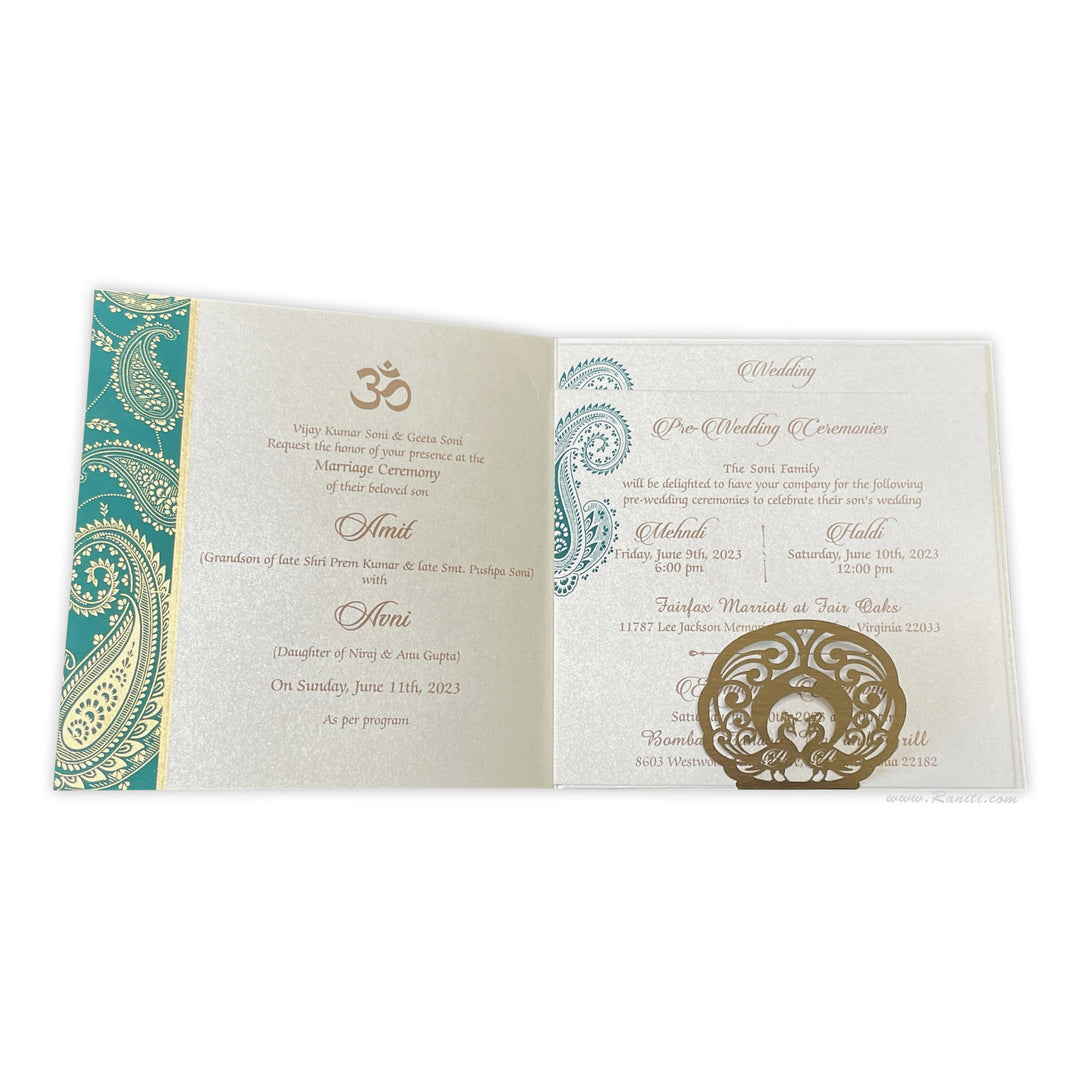 Teal Paisley Theme Lasercut Initials Square Custom Wedding Invitation Card | Custom Invitation Card with Laser Cut Monogram Initials AML-24  Raniti LLC - Custom Invitations & Stationery