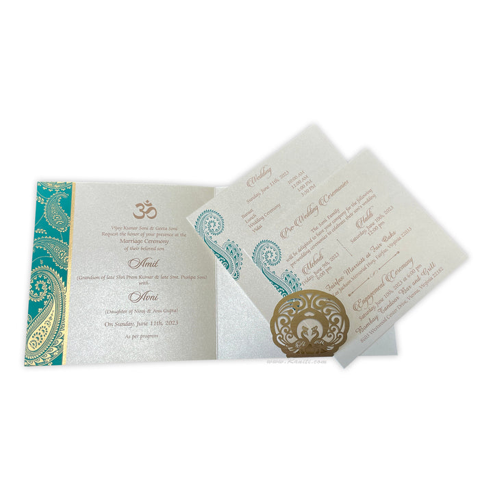 Teal Paisley Theme Lasercut Initials Square Custom Wedding Invitation Card | Custom Invitation Card with Laser Cut Monogram Initials AML-24  Raniti LLC - Custom Invitations & Stationery