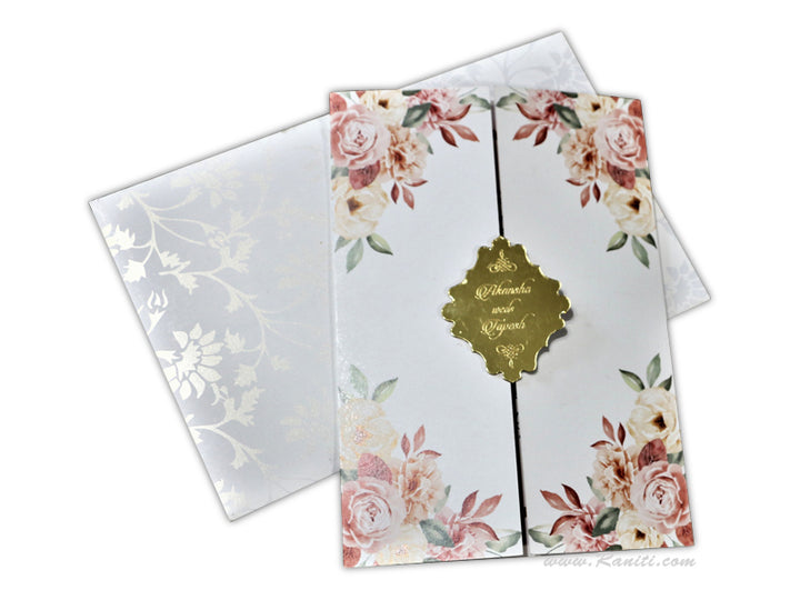 Gatefold Floral Theme Custom Folder Invitation Card with Engraved Names on Mirror Laser cut Monogram AML-321  Raniti LLC - Custom Invitations & Stationery