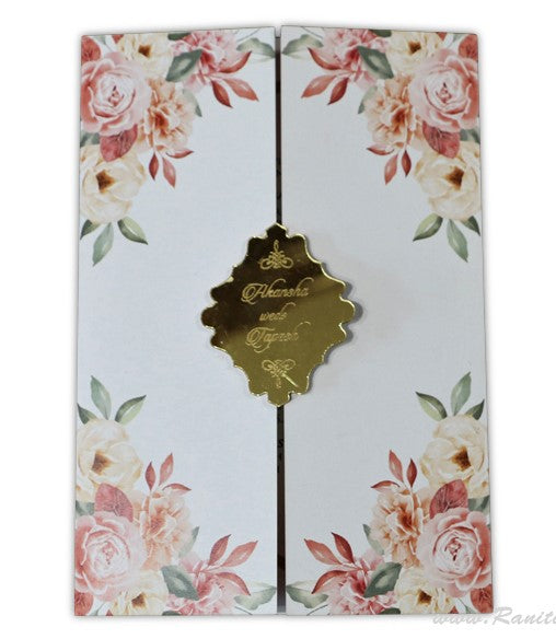 Gatefold Floral Theme Custom Folder Invitation Card with Engraved Names on Mirror Laser cut Monogram AML-321  Raniti LLC - Custom Invitations & Stationery