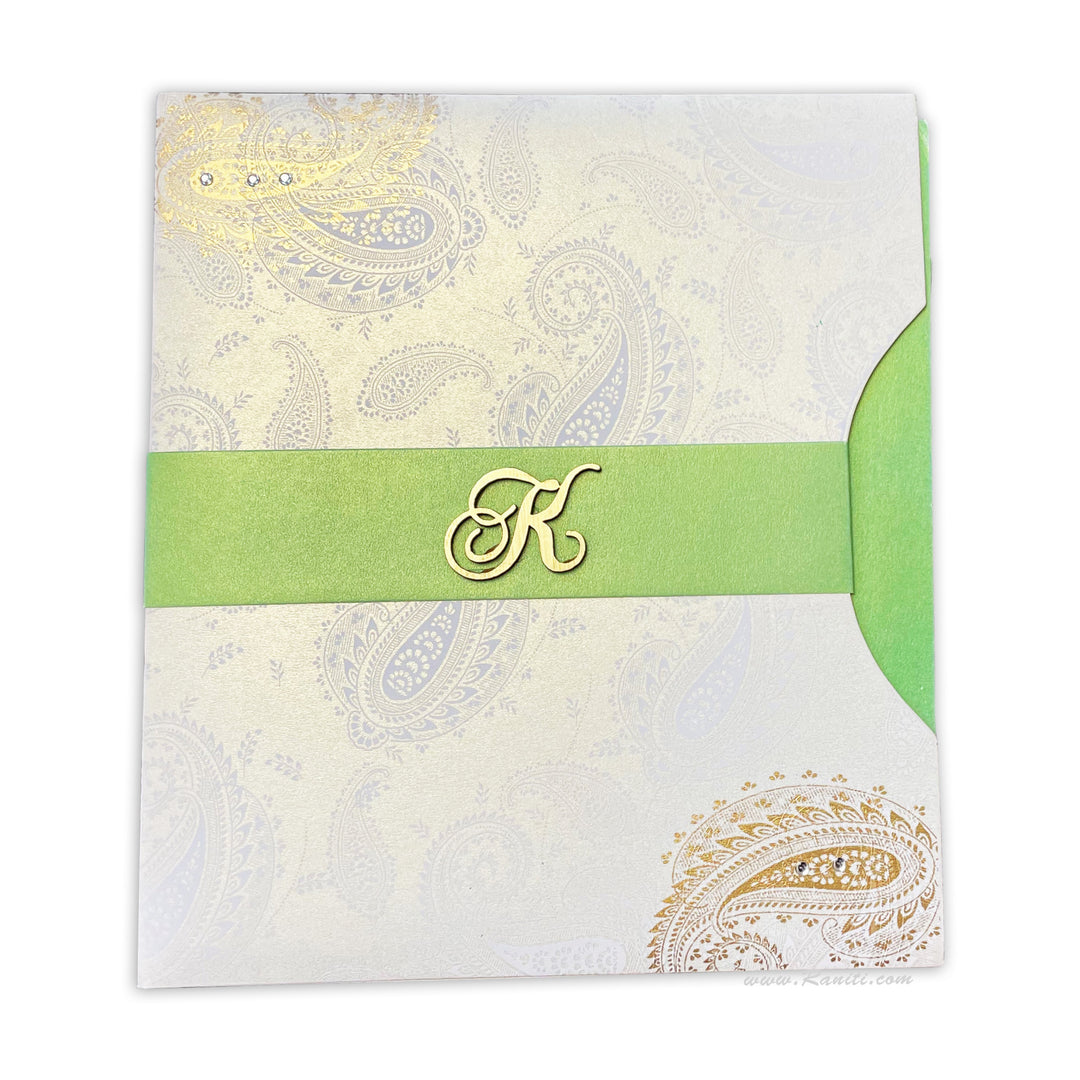 Video Available! Mint Green Paisley Theme Custom Invitation Card with Laser Cut Initials and Foil Print AML-337  Raniti LLC - Custom Invitations & Stationery