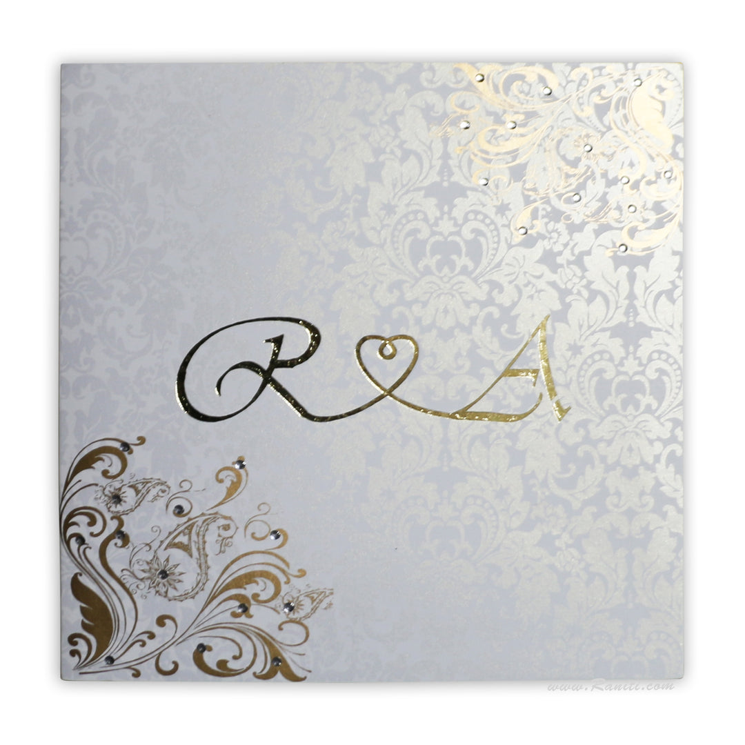 Luxury Lasercut and Foil Print Monogram White Custom Invitation Card with Multiple Inserts | White Custom Luxury Royal Wedding Invitation Card AML-442  Raniti LLC - Custom Invitations & Stationery