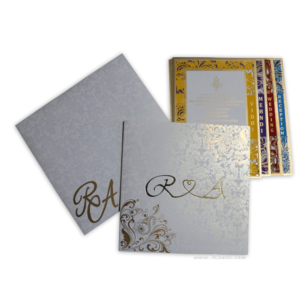 Luxury Lasercut and Foil Print Monogram White Custom Invitation Card with Multiple Inserts | White Custom Luxury Royal Wedding Invitation Card AML-442  Raniti LLC - Custom Invitations & Stationery