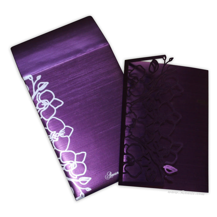 Trifold Laser Cut Purple Custom Invitation Card with Floral Digital Multiple Inserts AML-443  Raniti LLC - Custom Invitations & Stationery