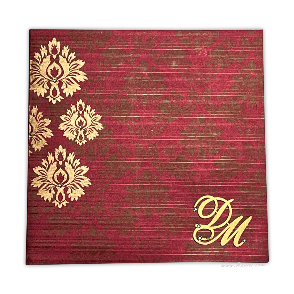 Purple and Golden Square Custom Invitation Card with Damask Print, Laser Cut Monogram Initials and Cascading Inserts AML-525  Raniti LLC - Custom Invitations & Stationery