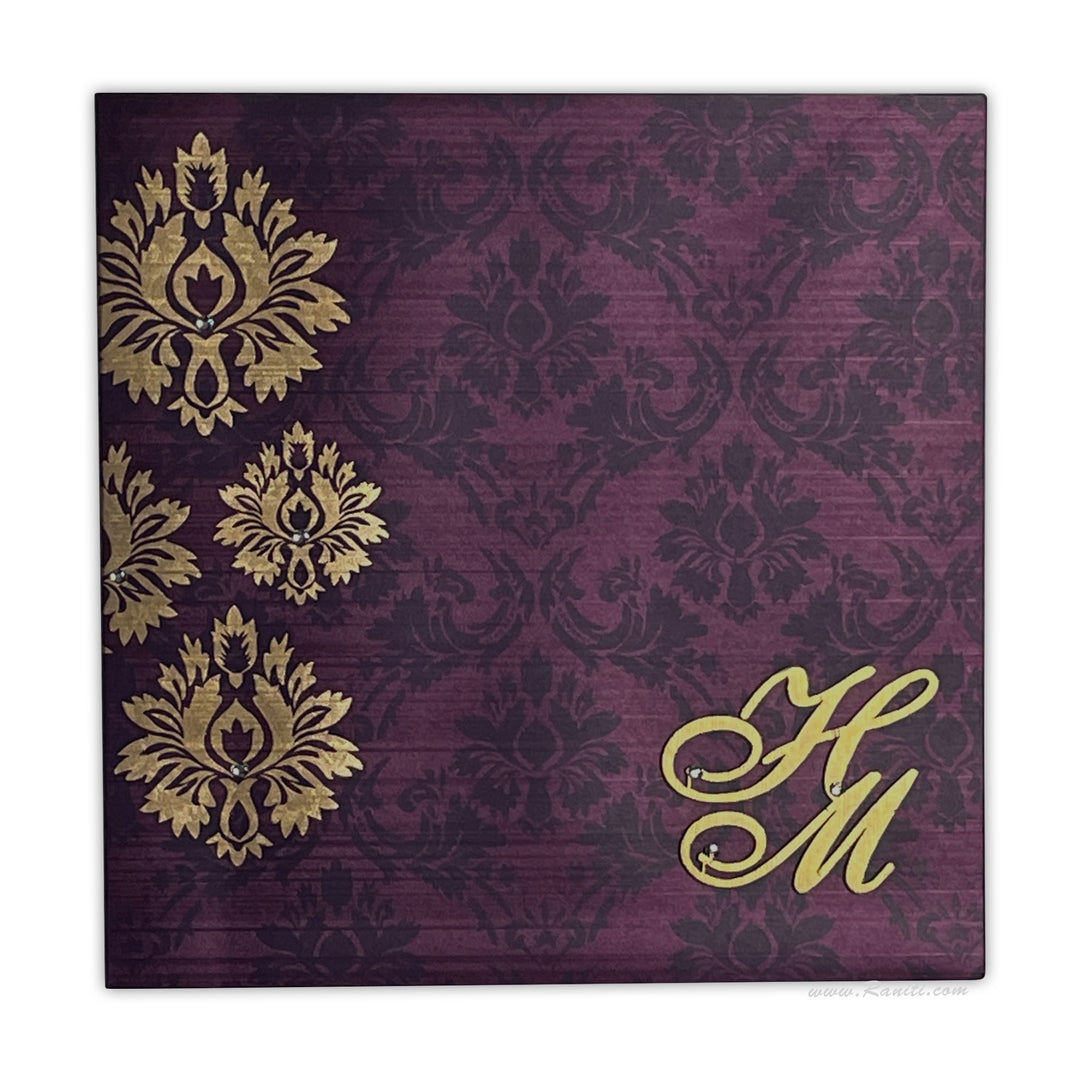 Purple and Golden Square Custom Invitation Card with Damask Print, Laser Cut Monogram Initials and Cascading Inserts AML-525  Raniti LLC - Custom Invitations & Stationery