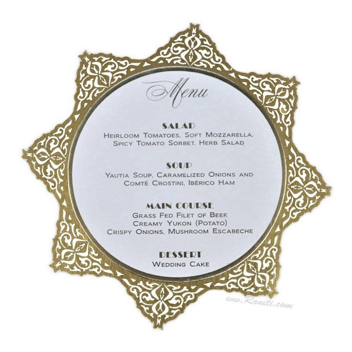 Lasercut Unique edged Round Classic Wedding Reception Menu Card | Round Menu Card for Reception Dinner AMMC-20 100 Raniti LLC - Custom Invitations & Stationery