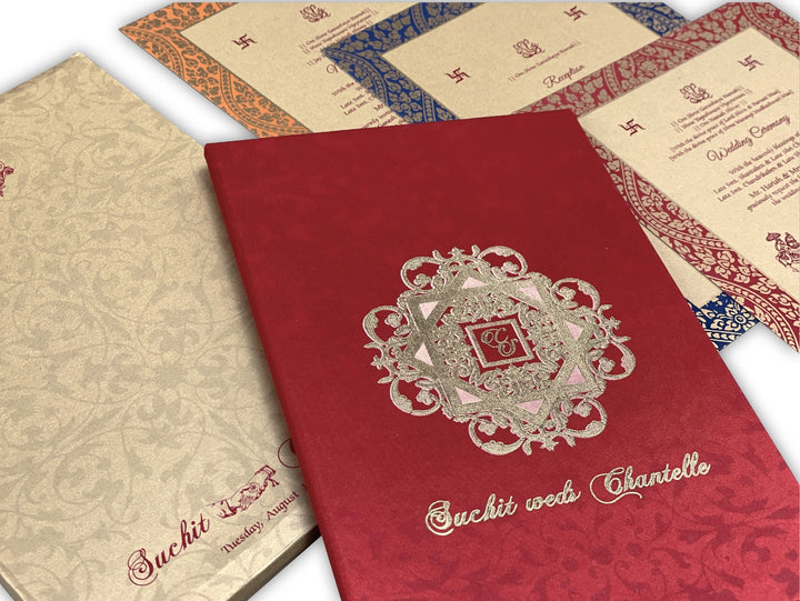 Satin Fabric Custom Heavyback Wedding Invitation card with Multiple Inserts | Red Satin fabric Traditional Custom Wedding Invitation IPCH-10  Raniti LLC - Custom Invitations & Stationery