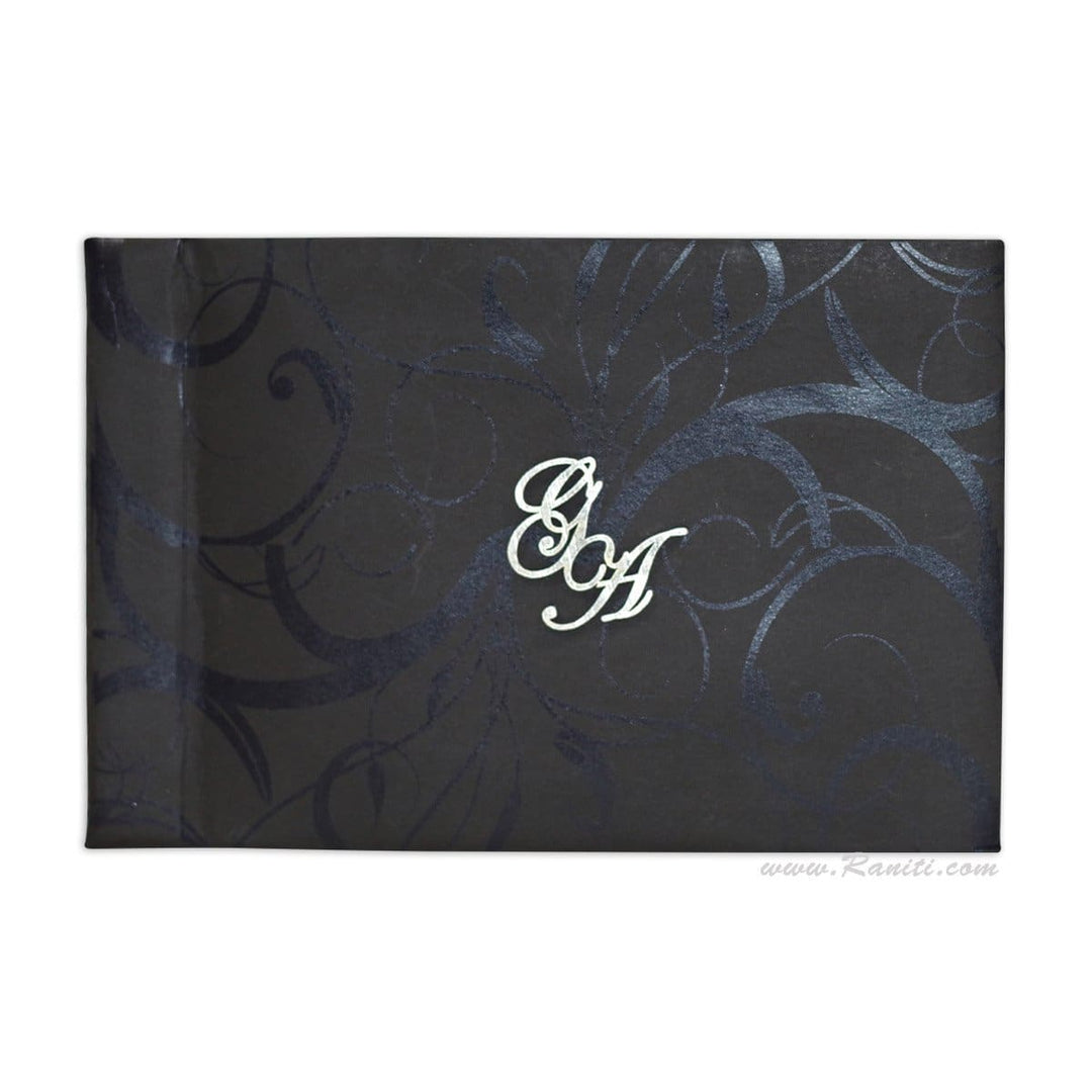 Black Damask Laser Cut Initials Unique Custom Invitation Heavy Back Booklet Style with Multiple Inserts | Luxury Custom Invitation Card in Black and Silver AMHL-98 freeshipping - Raniti LLC - Custom Invitations & Stationery