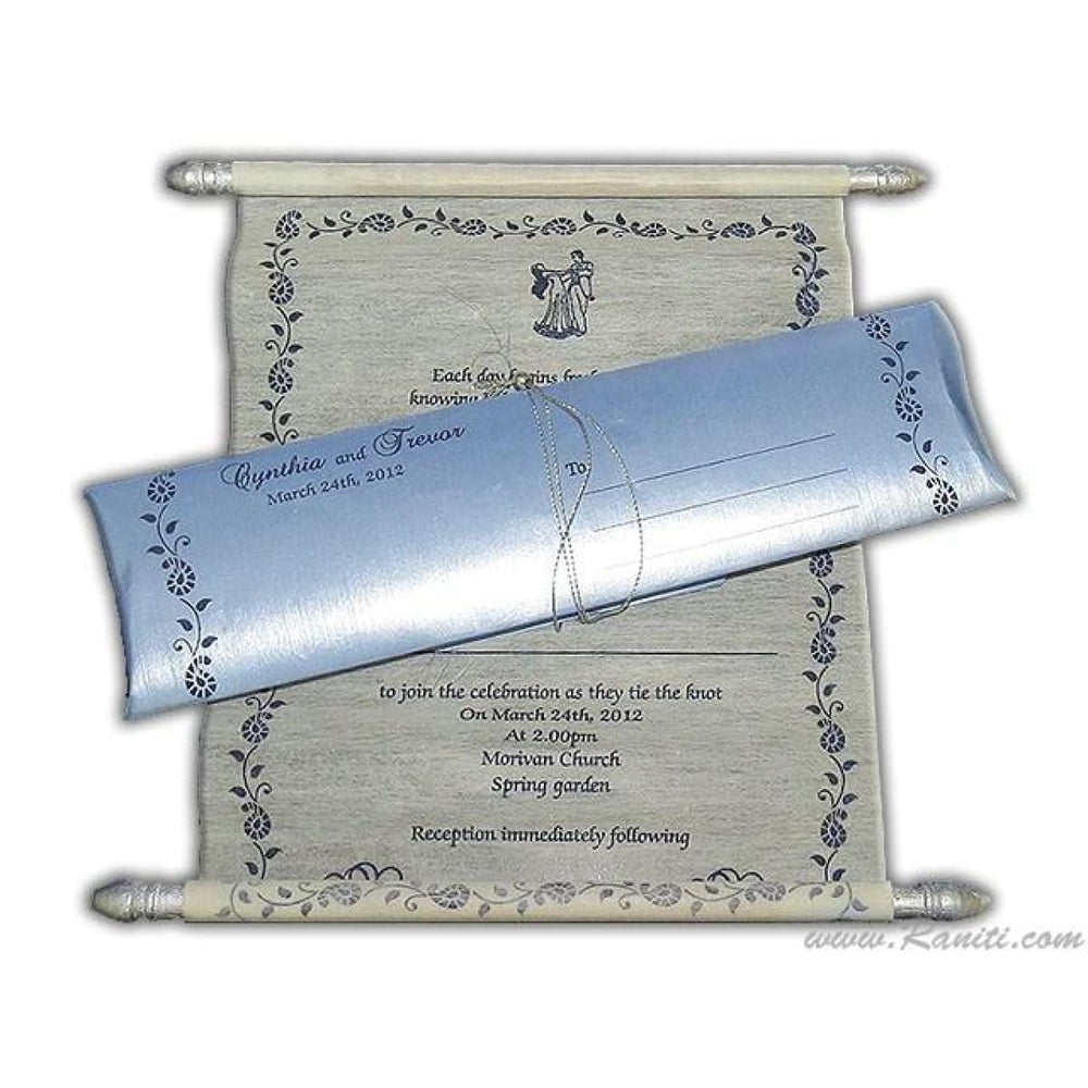 Blue and Off White Custom Scroll Invitation Card AMSC-19 freeshipping - Raniti LLC - Custom Invitations & Stationery