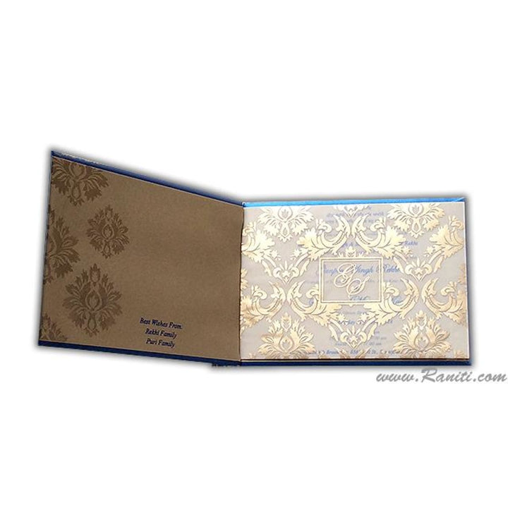 Blue Custom Invitation Heavy Back Booklet Style with Multiple Inserts | Custom Invitation Card in Blue and Gold with Multiple Attached Inserts AMH-164 freeshipping - Raniti LLC - Custom Invitations & Stationery