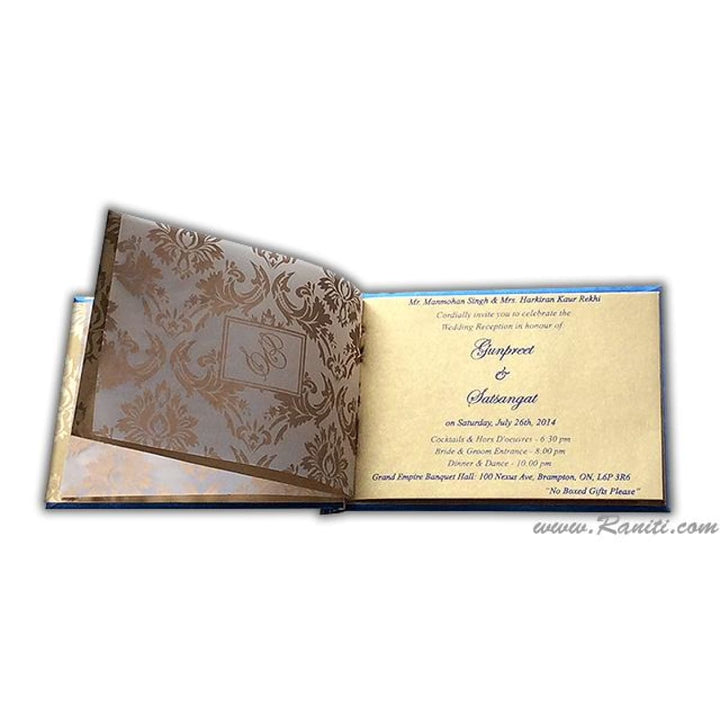 Blue Custom Invitation Heavy Back Booklet Style with Multiple Inserts | Custom Invitation Card in Blue and Gold with Multiple Attached Inserts AMH-164 freeshipping - Raniti LLC - Custom Invitations & Stationery