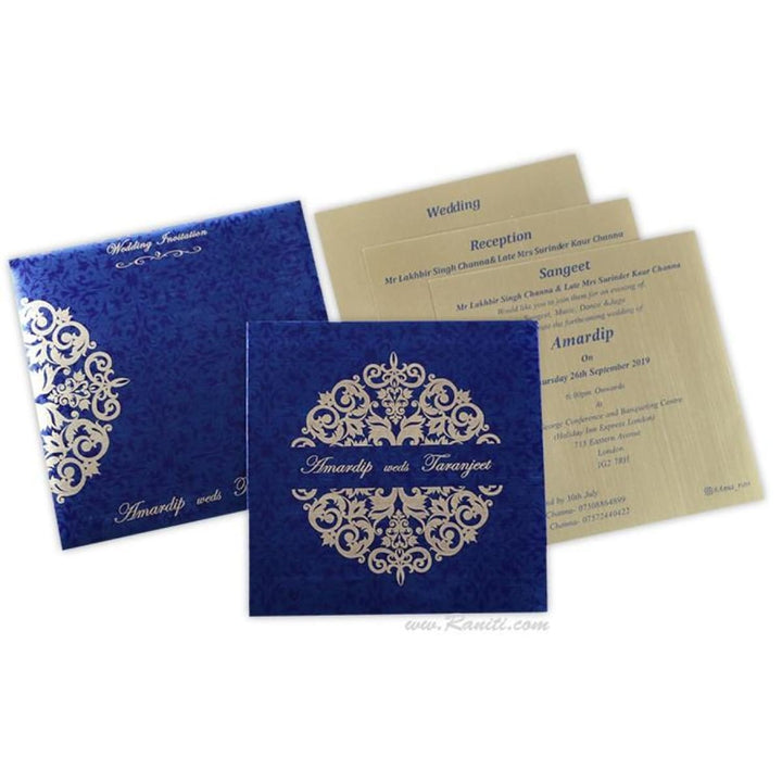 Blue Golden Custom Wedding Invitation Card with Multiple Cascading Inserts | Wedding Custom Invitation with Decorative Rhinestones AM-432 freeshipping - Raniti LLC - Custom Invitations & Stationery