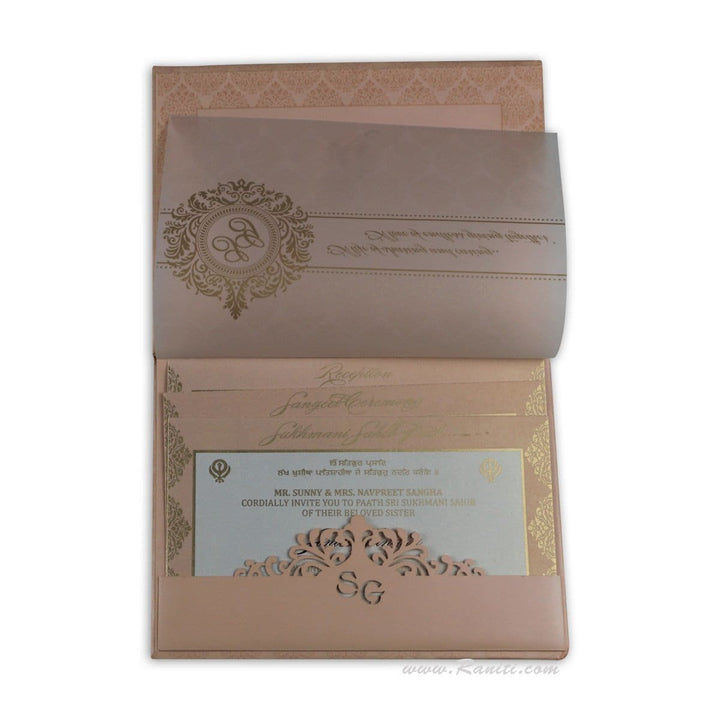 Blush Pink, Gold Laser Cut Inlay Design, Laser Cut Pocket, Hard Cover Custom Invitation Card AMHL-183 freeshipping - Raniti LLC - Custom Invitations & Stationery