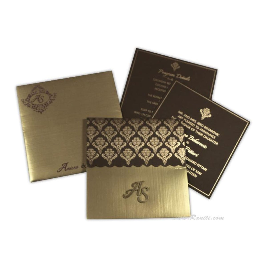 Brown and Golden His & Her Custom Invitation Card 6 x 6 with Lasercut Initials, Bride & Groom Set Custom Wedding Card AML-357 freeshipping - Raniti LLC - Custom Invitations & Stationery