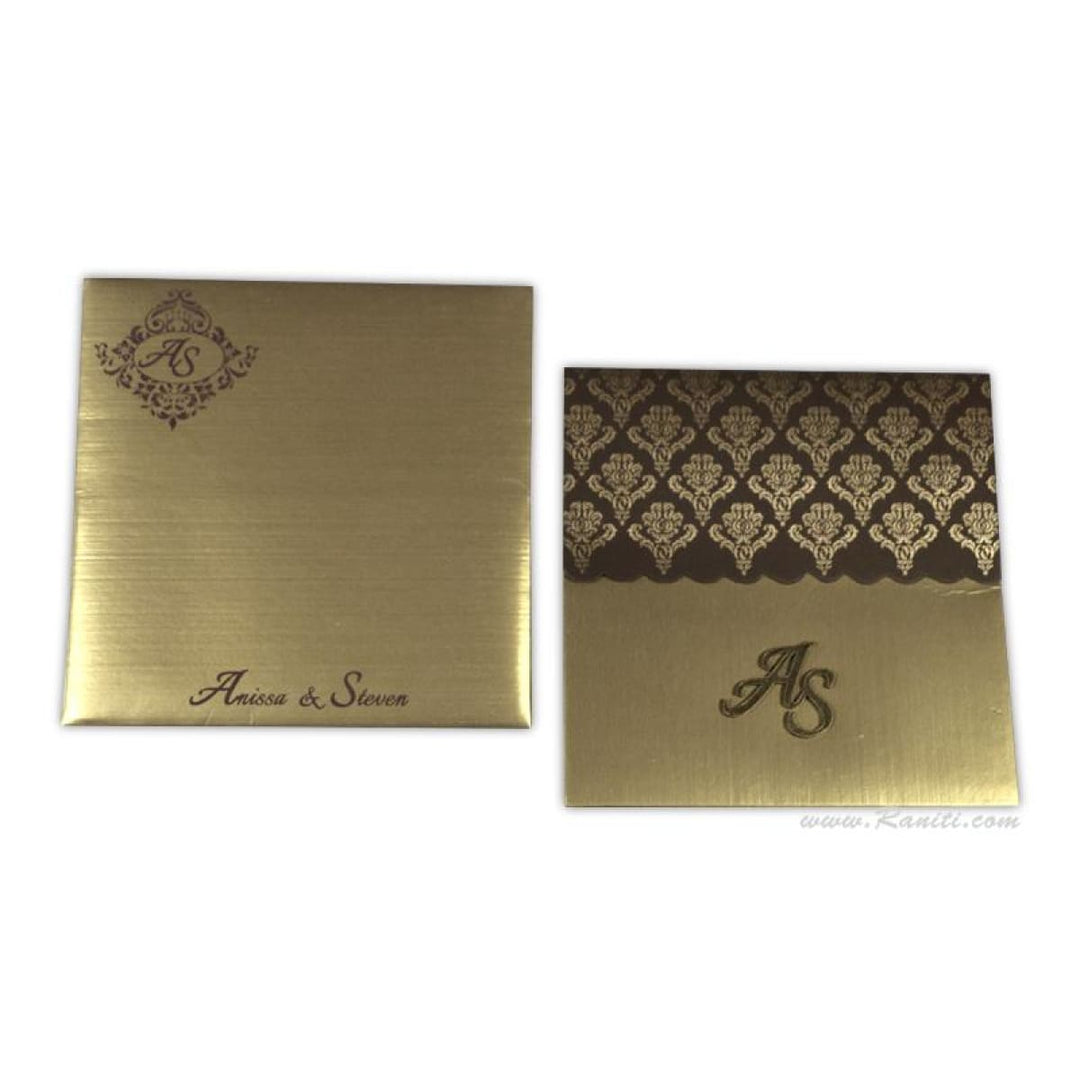 Brown and Golden His & Her Custom Invitation Card 6 x 6 with Lasercut Initials, Bride & Groom Set Custom Wedding Card AML-357 freeshipping - Raniti LLC - Custom Invitations & Stationery