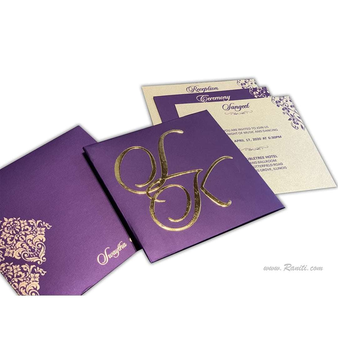 Classic Square 6x6 Purple Golden Hard Cover Custom Invitation Card Embossed Initials AMH-194 freeshipping - Raniti LLC - Custom Invitations & Stationery