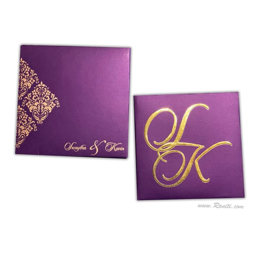 Classic Square 6x6 Purple Golden Hard Cover Custom Invitation Card Embossed Initials AMH-194 freeshipping - Raniti LLC - Custom Invitations & Stationery