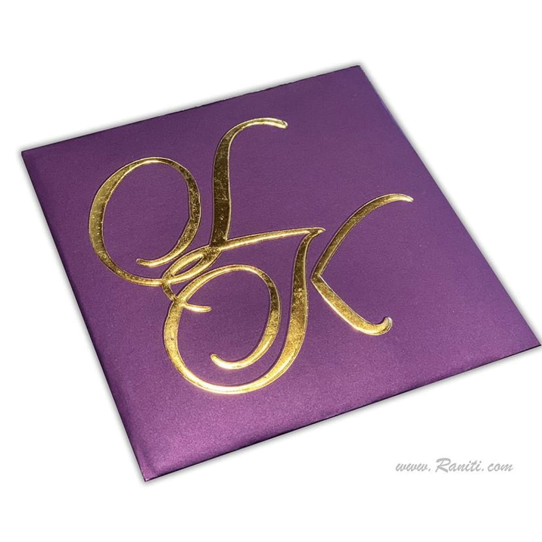 Classic Square 6x6 Purple Golden Hard Cover Custom Invitation Card Embossed Initials AMH-194 freeshipping - Raniti LLC - Custom Invitations & Stationery