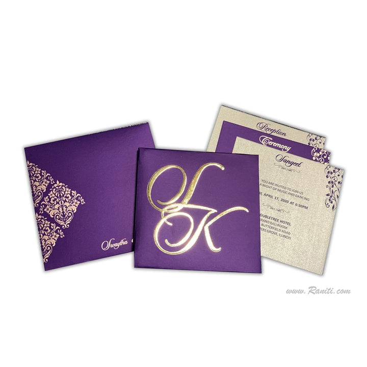 Classic Square 6x6 Purple Golden Hard Cover Custom Invitation Card Embossed Initials AMH-194 freeshipping - Raniti LLC - Custom Invitations & Stationery