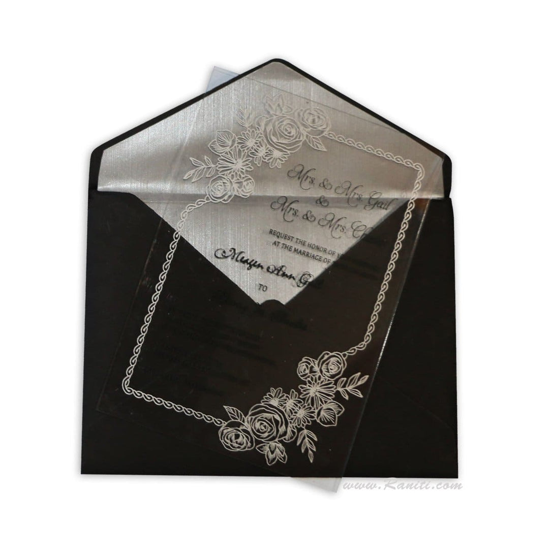 Clear Acrylic Silver and Black Custom Wedding Invitation with Die Cut Black Envelope AML-452 freeshipping - Raniti LLC - Custom Invitations & Stationery