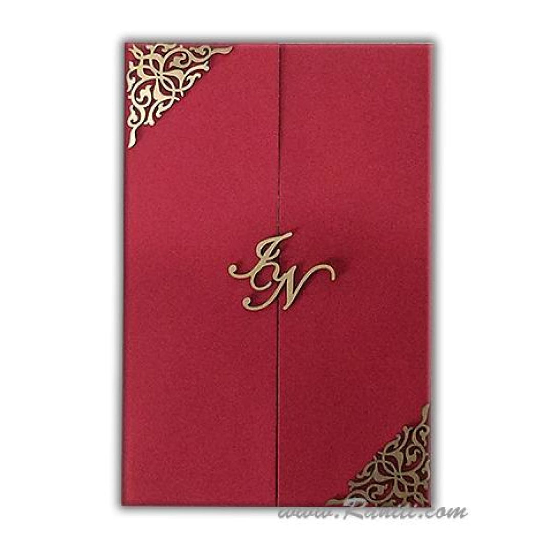 Custom Gatefold Red Gold Invitation Card with Laser cut Embellishments and Monogram| Bride & Groom custom Invitation Set AML-220 freeshipping - Raniti LLC - Custom Invitations & Stationery