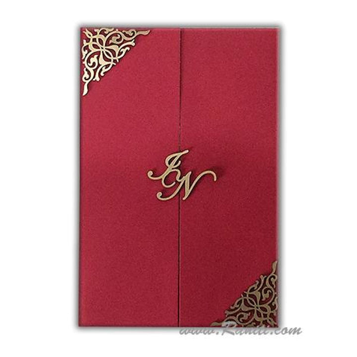 Custom Gatefold Red Gold Invitation Card with Laser cut Embellishments and Monogram| Bride & Groom custom Invitation Set AML-220 freeshipping - Raniti LLC - Custom Invitations & Stationery