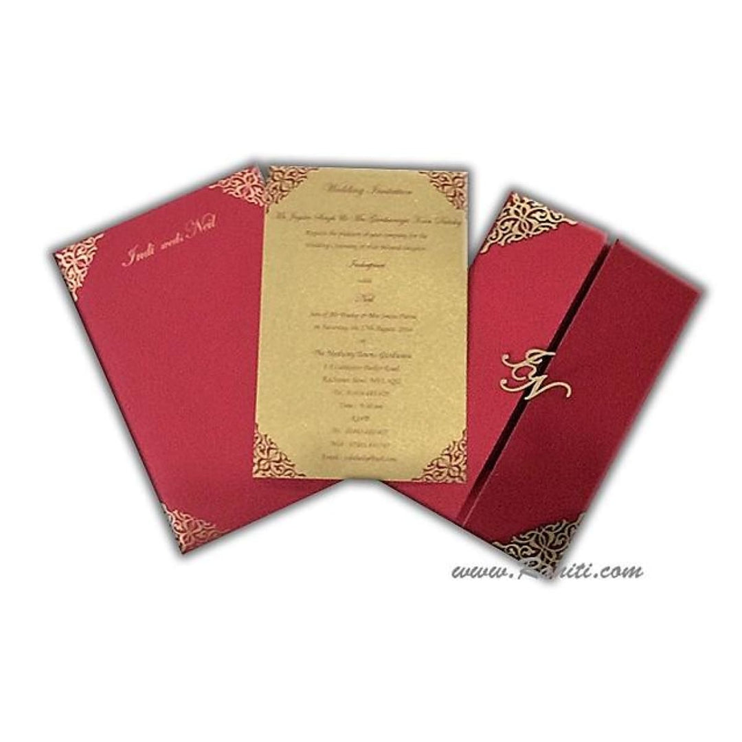 Custom Gatefold Red Gold Invitation Card with Laser cut Embellishments and Monogram| Bride & Groom custom Invitation Set AML-220 freeshipping - Raniti LLC - Custom Invitations & Stationery