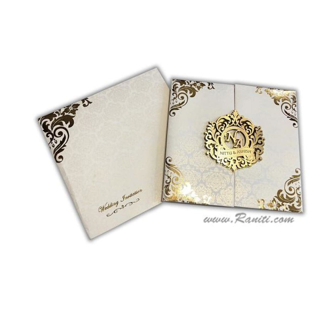 Laser Cut Radha Krishna Gold Foil Printed Invitation DPC-75 | Raniti | Custom Invitations & Stationery | golden invitation card design | customized wedding invites