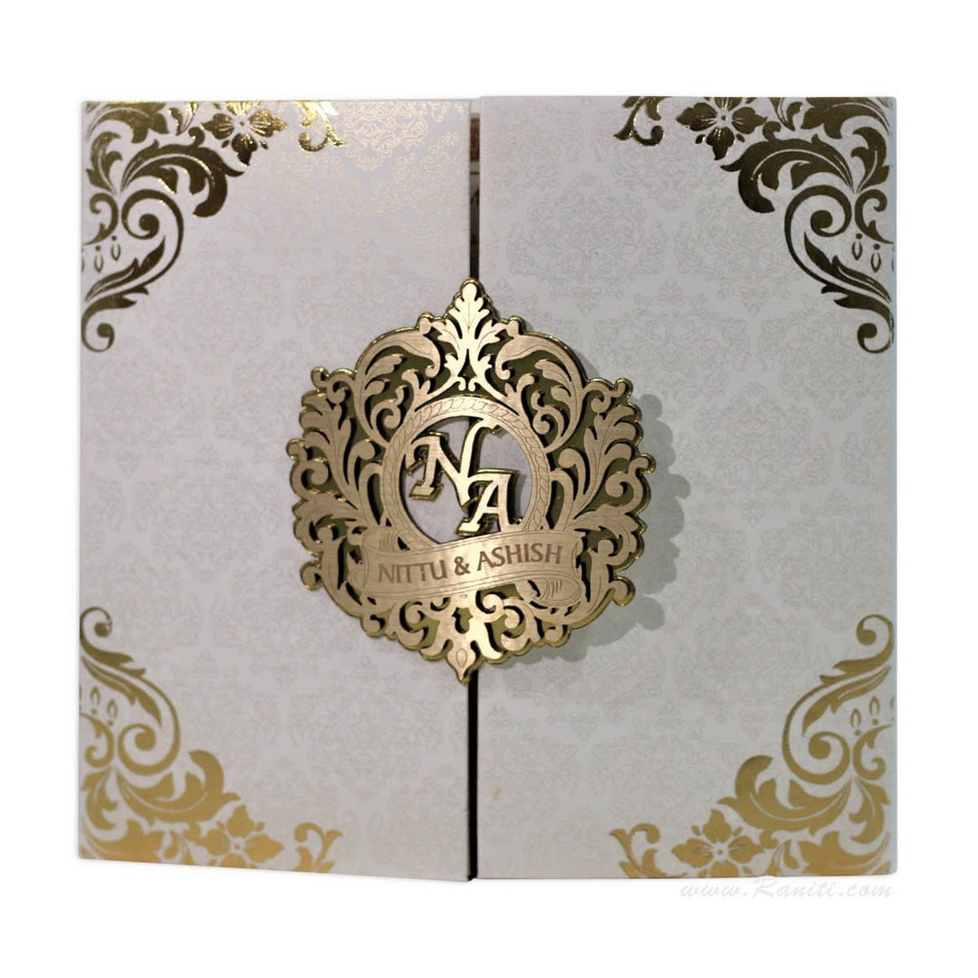 Custom Gatefold Laser Cut Gold Foil Invitation Card AMHL-186 | Raniti | laser cut wedding invitations | customized invitation cards