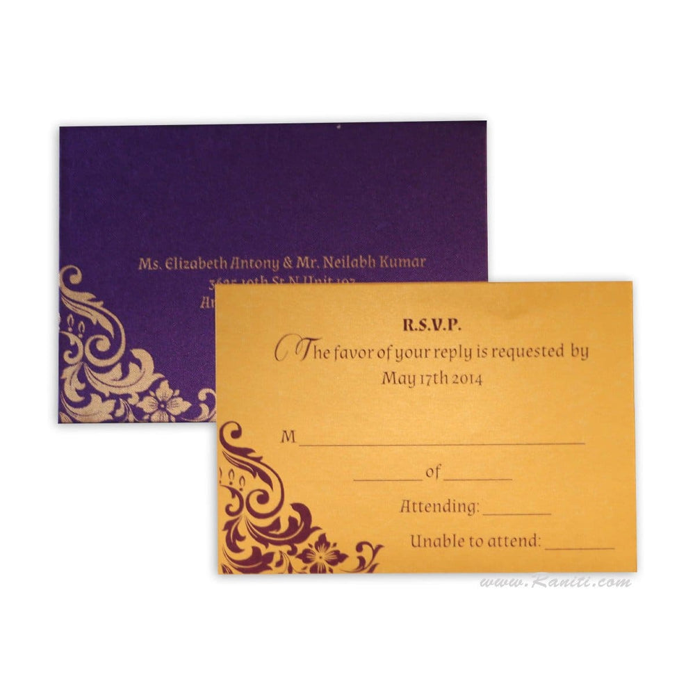 Custom Reply Card with Envelope | RSVP Card | Wedding Invitation RSVP Card in Purple and Gold RT-71 freeshipping - Raniti LLC - Custom Invitations & Stationery