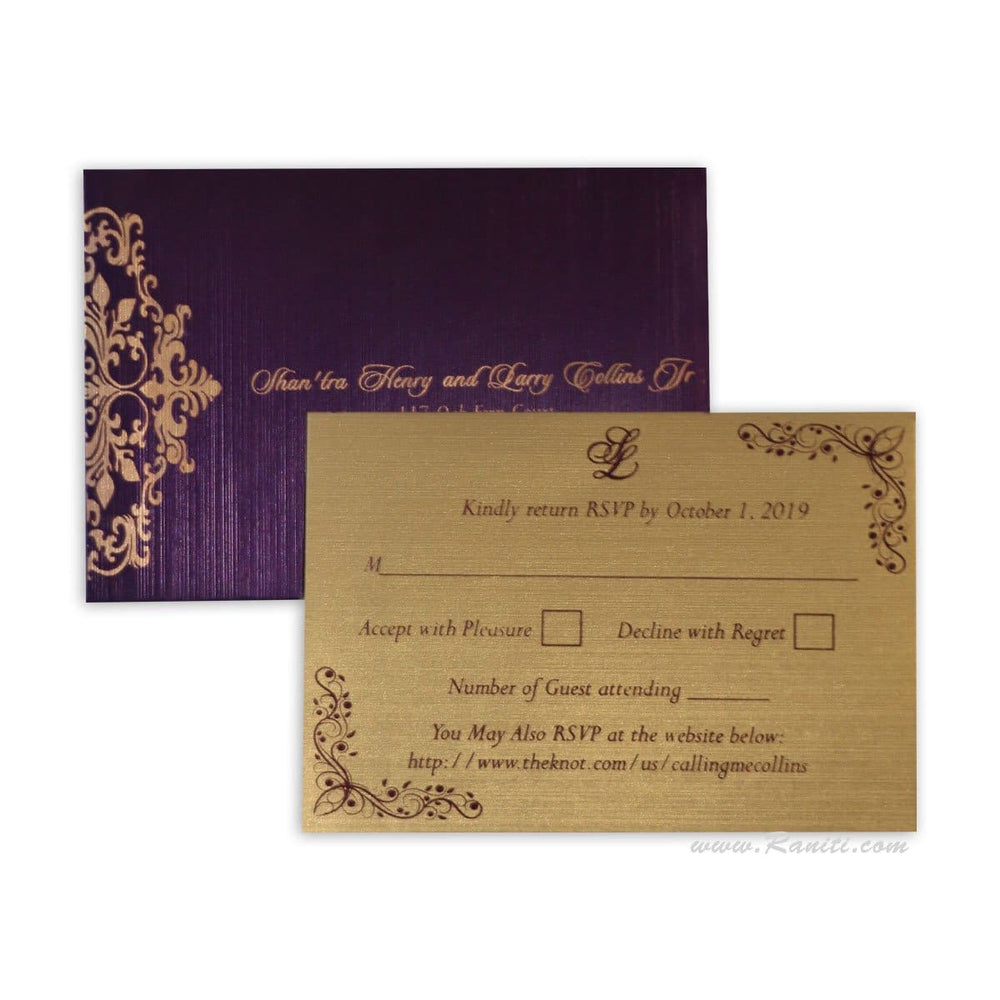 Custom Reply Card with Envelope | RSVP Card | Wedding Invitation RSVP Card in Purple and Gold RT-73 freeshipping - Raniti LLC - Custom Invitations & Stationery