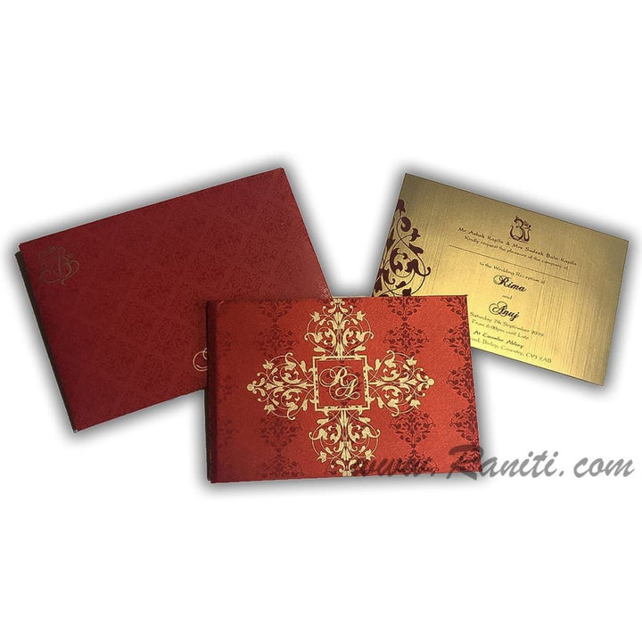 Damask Theme Red Satin Fabric Heavy Back Custom Luxury Royal Wedding Cards with Multiple Inserts AMH-1 freeshipping - Raniti LLC - Custom Invitations & Stationery