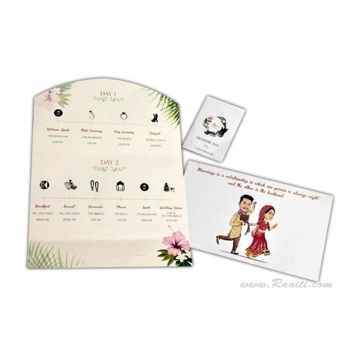 Floral & Caricature Theme Custom Wedding Event Guest Itinerary Card | Custom Personalized Wedding Stationery JVDIT-6 freeshipping - Raniti LLC - Custom Invitations & Stationery