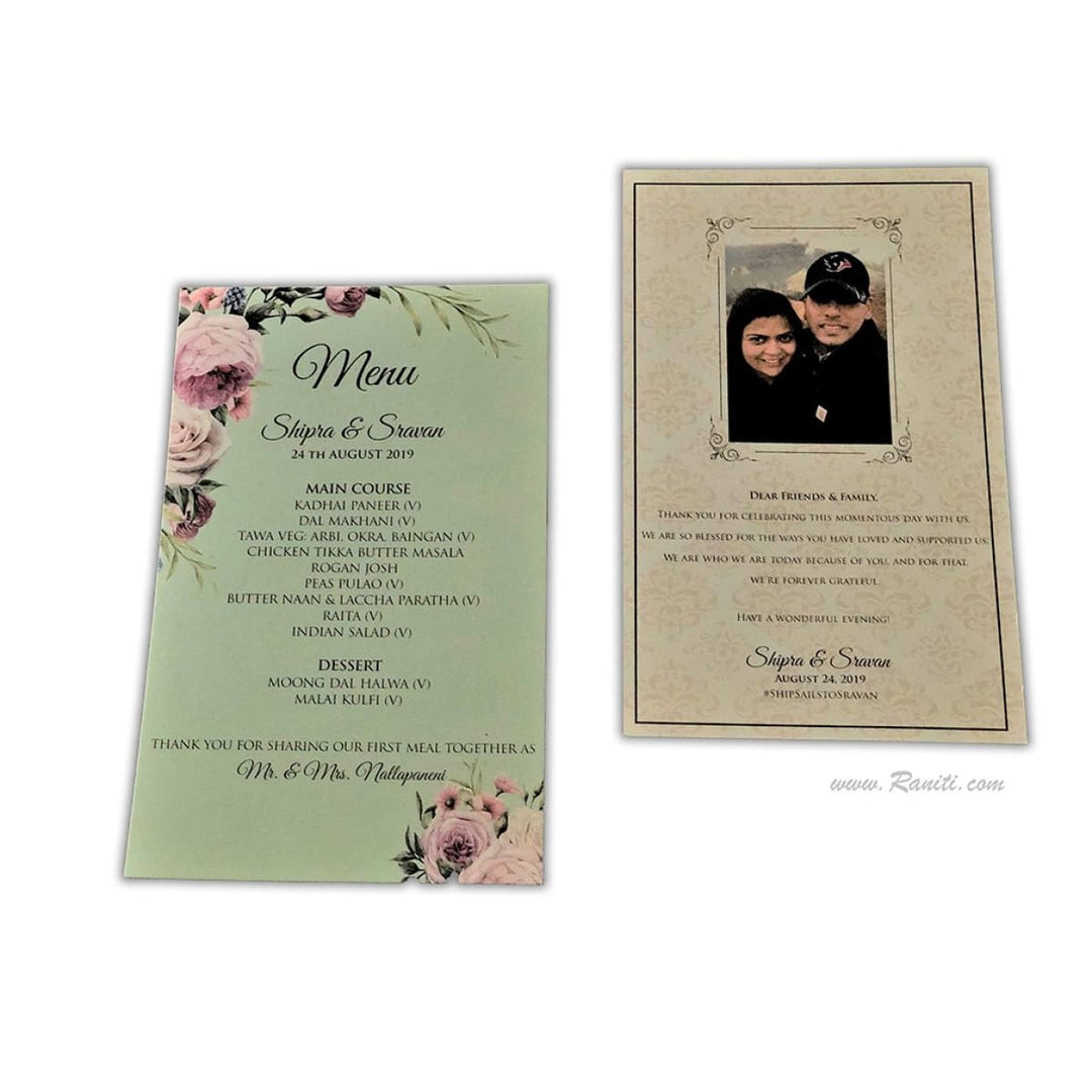 Floral Design Custom Menu Card with Couple Photo and Thank you Note | Vintage Theme Wedding Reception Menu & Thank you card | Bridal Shower Menu Card JVRMC-2 freeshipping - Raniti LLC - Custom Invitations & Stationery