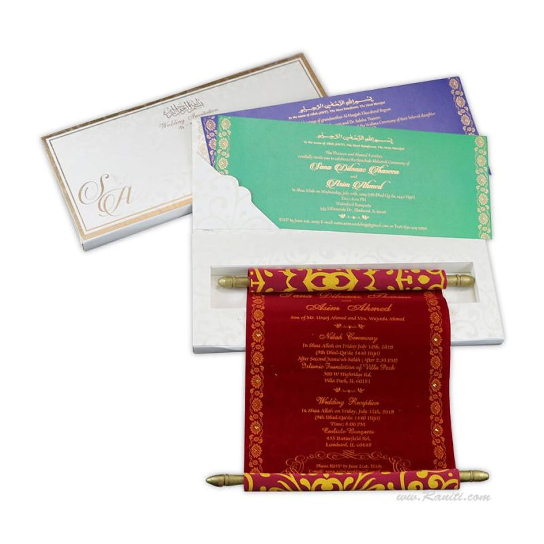 Foil & Embossed Walima Nikah Ceremony Velvet Custom Scroll Invitation Card in White AMSC-50 freeshipping - Raniti LLC - Custom Invitations & Stationery