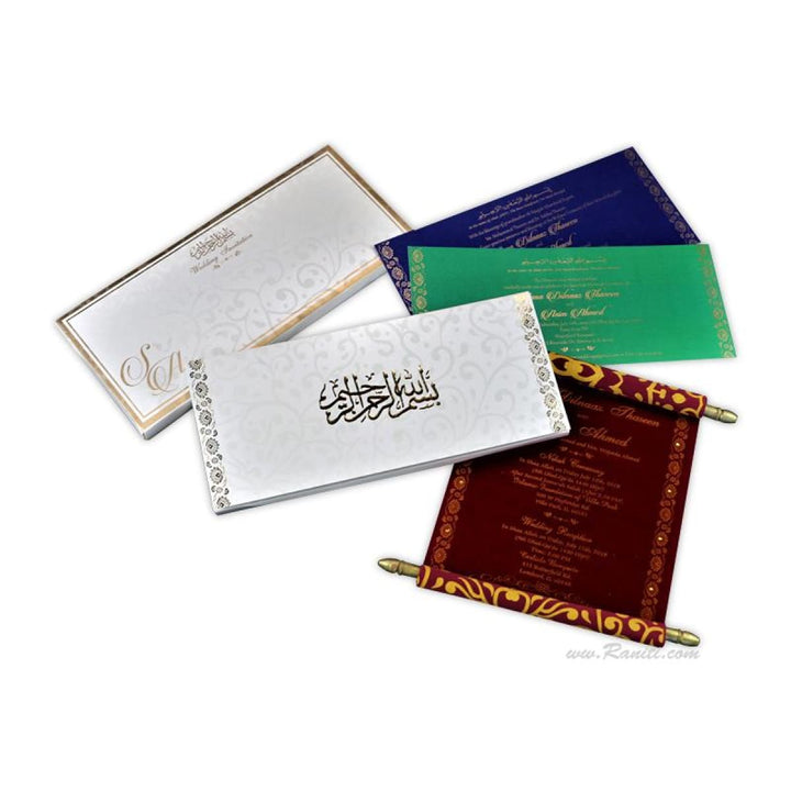 Foil & Embossed Walima Nikah Ceremony Velvet Custom Scroll Invitation Card in White AMSC-50 freeshipping - Raniti LLC - Custom Invitations & Stationery