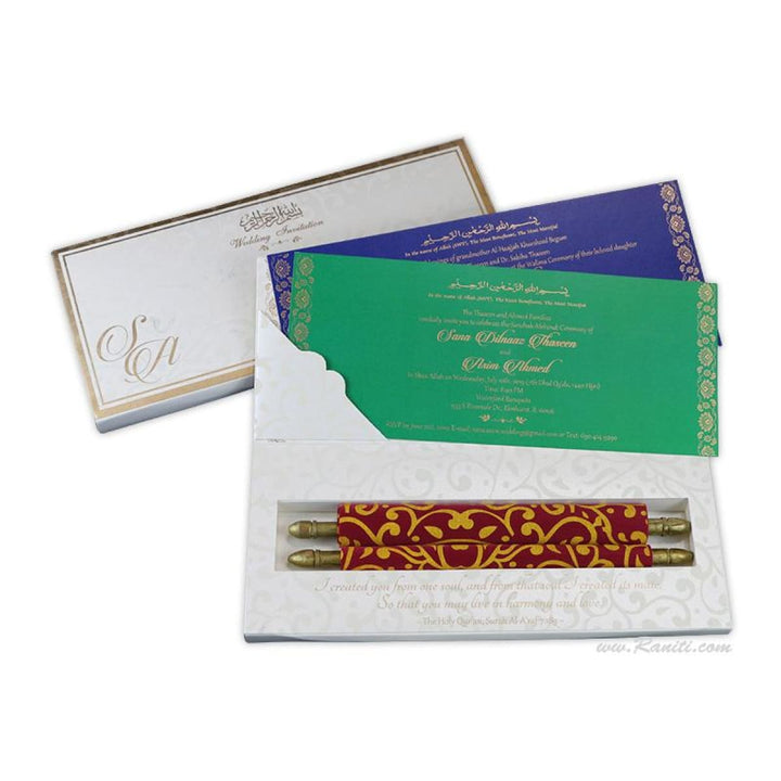 Foil & Embossed Walima Nikah Ceremony Velvet Custom Scroll Invitation Card in White AMSC-50 freeshipping - Raniti LLC - Custom Invitations & Stationery