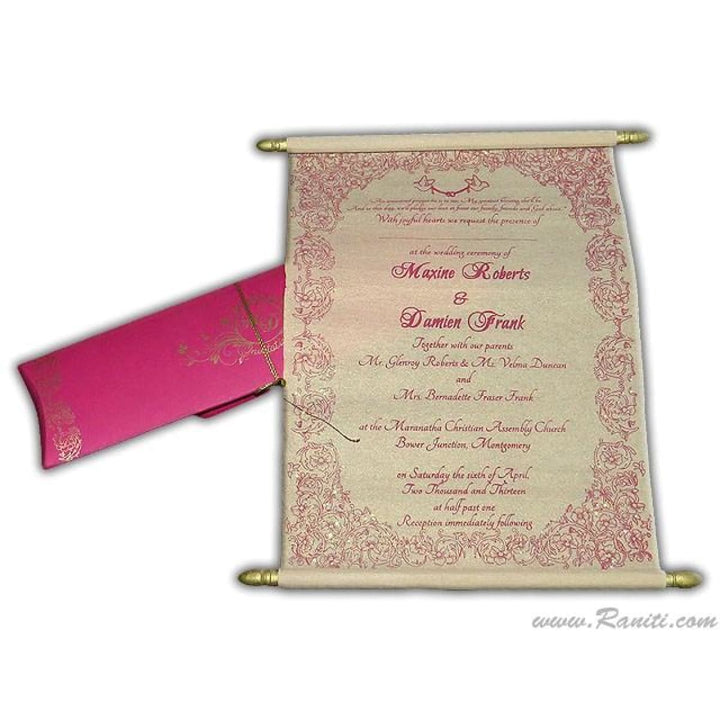 Fuchsia Pink and Cream Custom Wedding Invitation Scroll Card AMSC-18 freeshipping - Raniti LLC - Custom Invitations & Stationery