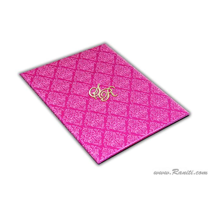 Fuchsia Pink Satin Fabric Hard Cover Custom Invitation Card Damask Print Laser Cut Initials AMHL-38 freeshipping - Raniti LLC - Custom Invitations & Stationery