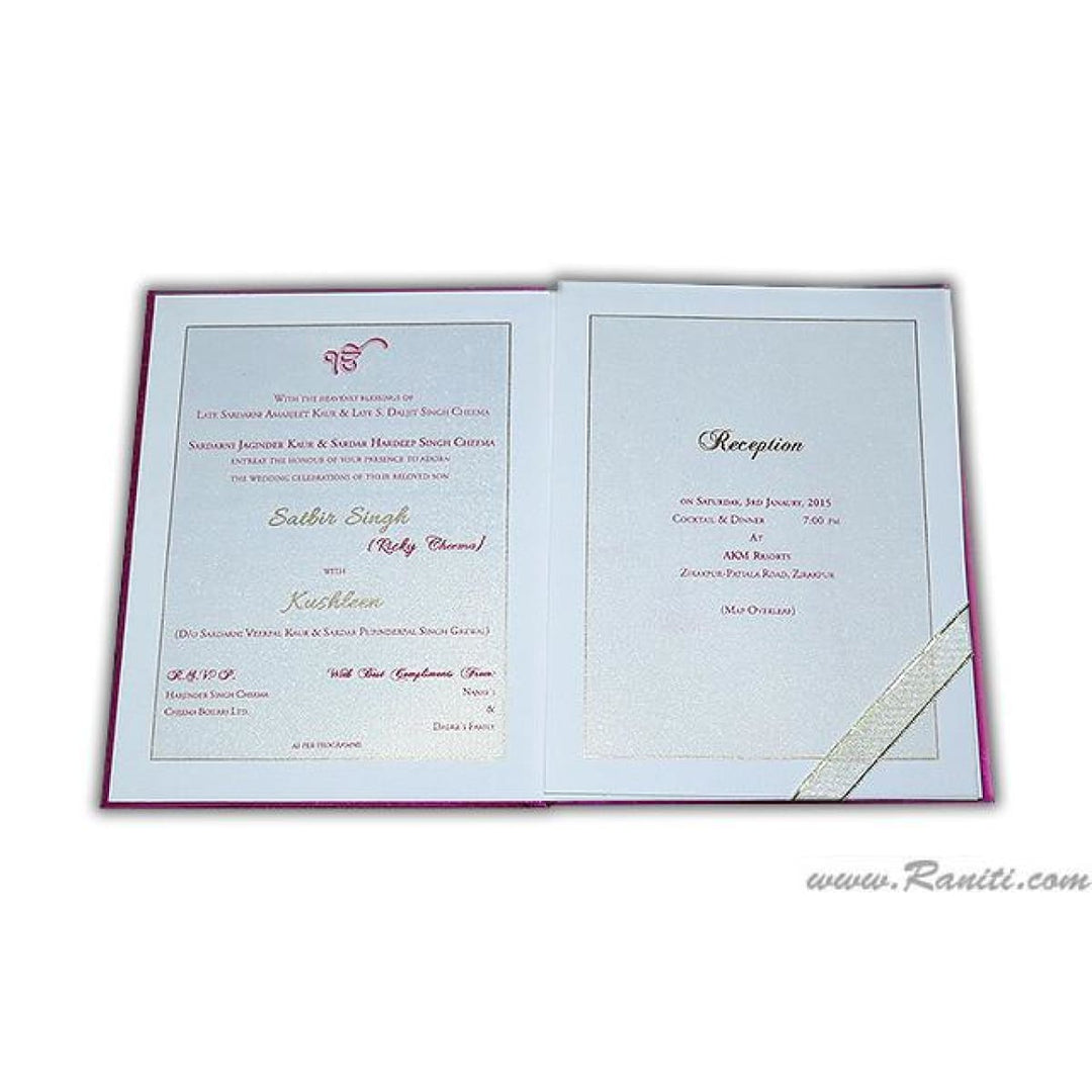 Fuchsia Pink Satin Fabric Hard Cover Custom Invitation Card Damask Print Laser Cut Initials AMHL-38 freeshipping - Raniti LLC - Custom Invitations & Stationery