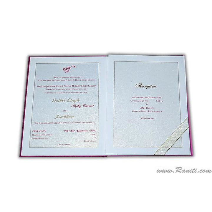 Fuchsia Pink Satin Fabric Hard Cover Custom Invitation Card Damask Print Laser Cut Initials AMHL-38 freeshipping - Raniti LLC - Custom Invitations & Stationery