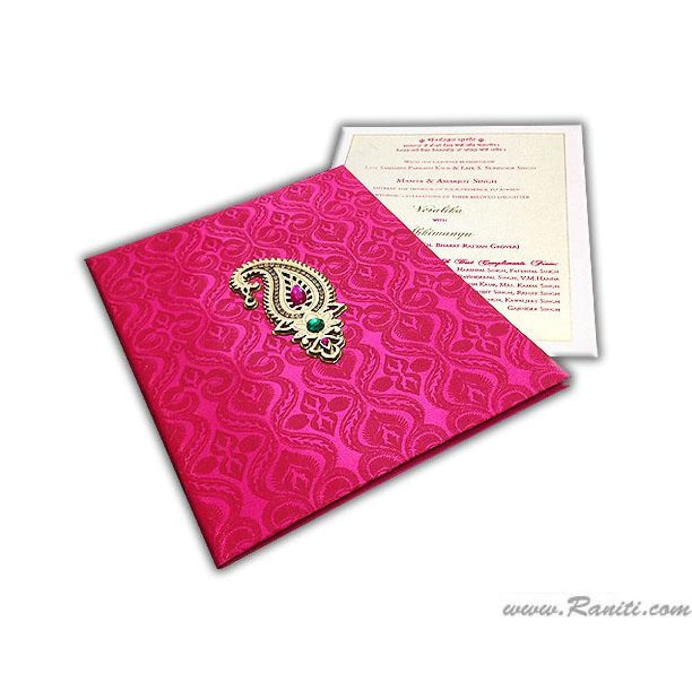 Fuchsia Pink Satin Fabric Hard Cover Custom Invitation Card Damask Print Laser Cut Paisley Design AMHL-101 freeshipping - Raniti LLC - Custom Invitations & Stationery