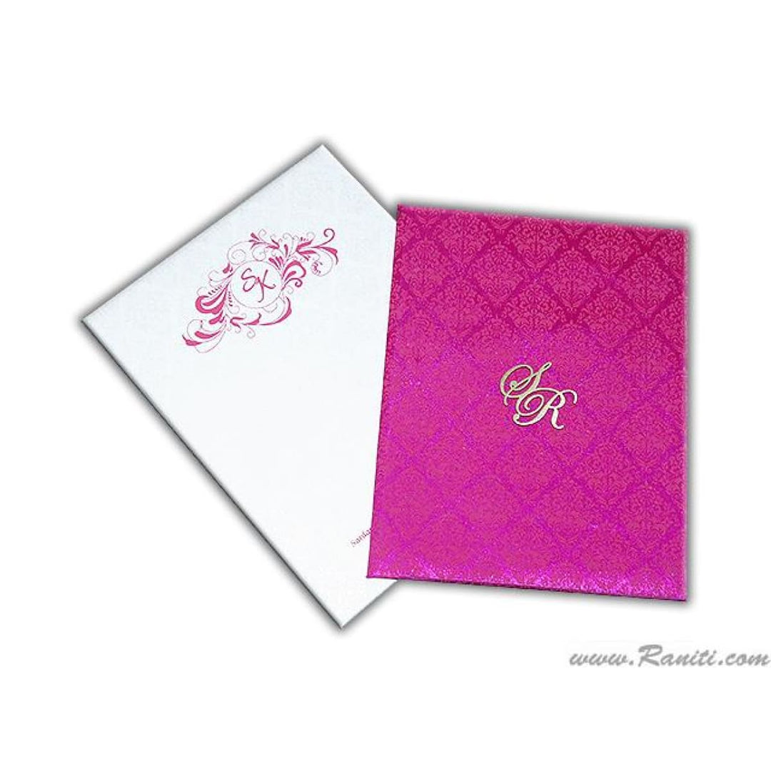 Fuchsia Pink Satin Fabric Hard Cover Custom Invitation Card Damask Print Laser Cut Initials AMHL-38 freeshipping - Raniti LLC - Custom Invitations & Stationery