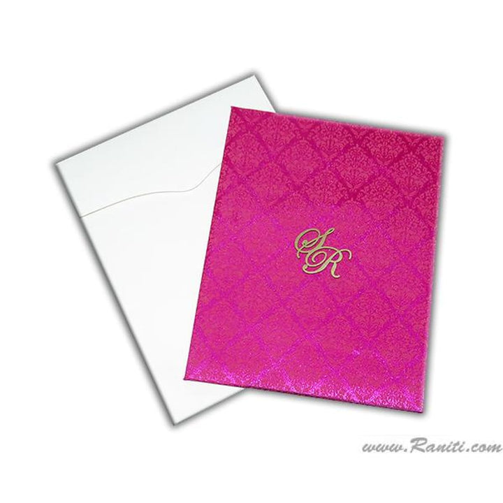 Fuchsia Pink Satin Fabric Hard Cover Custom Invitation Card Damask Print Laser Cut Initials AMHL-38 freeshipping - Raniti LLC - Custom Invitations & Stationery