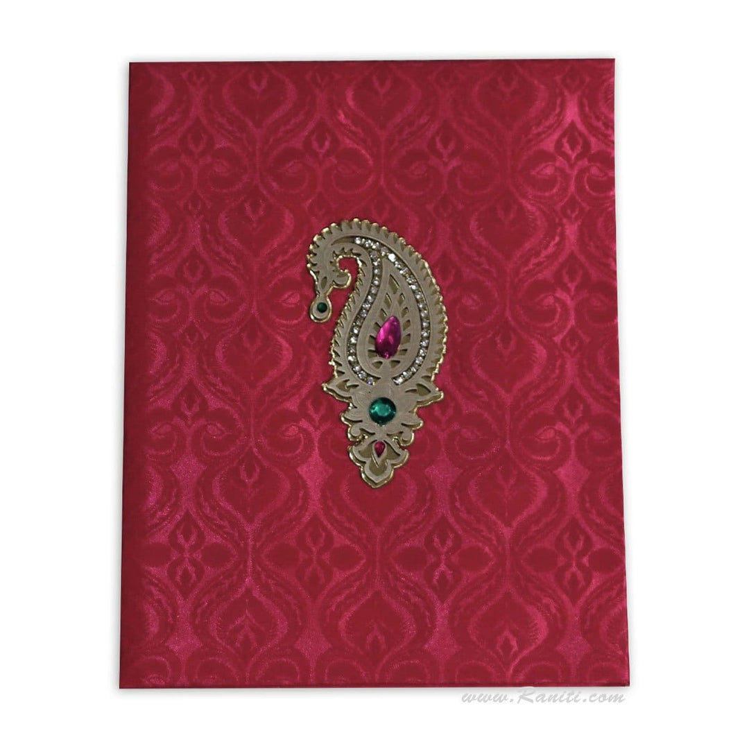 Fuchsia Pink Satin Fabric Hard Cover Custom Invitation Card Damask Print Laser Cut Paisley Design AMHL-101 freeshipping - Raniti LLC - Custom Invitations & Stationery